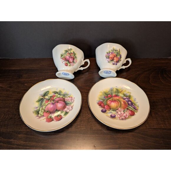 Royale Garden Fruit Medley Bone China Tea Cups & Saucers Set Of 2 Staffordshire - Picture 3 of 10